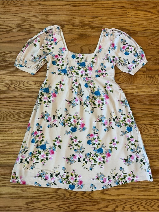 Vylette Dresses & Skirts - VYLETTE Floral Puff Sleeve Dress XS Cream Pink Blue Smocked Back Cottagecore